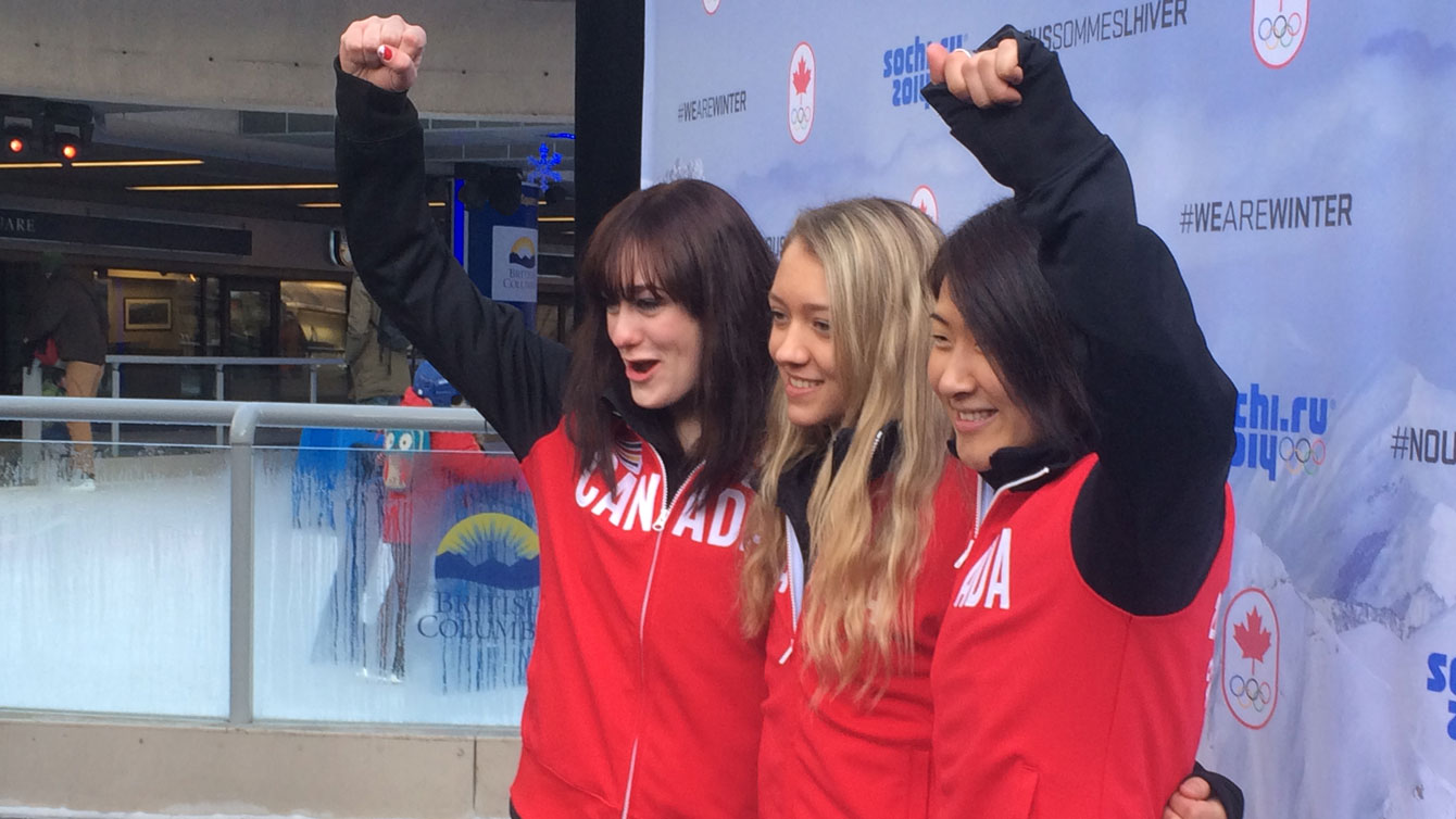 First Canadian female Olympic ski jumpers (L-R) Henrich, Pretorius, Tanaka.  