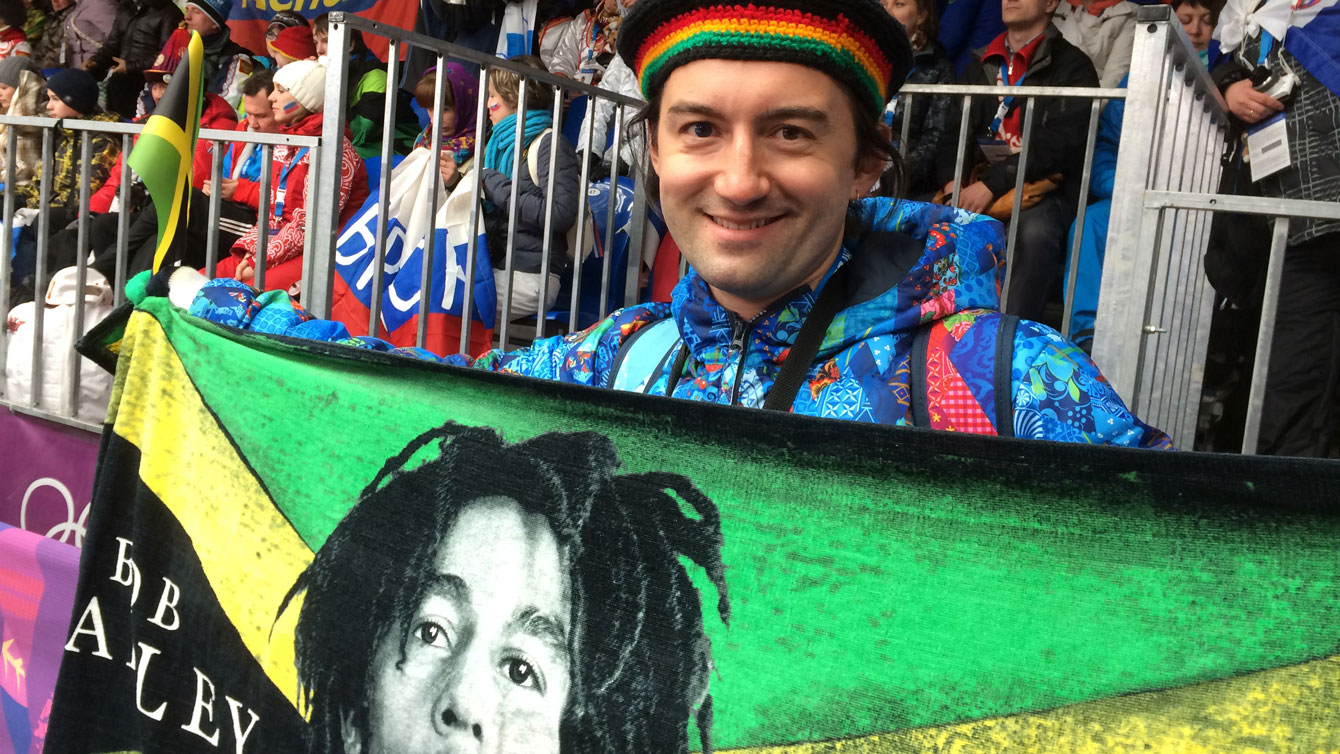 A Russian fan at track side in the Sanki Sliding Centre in Sochi supporting Jamaica. 