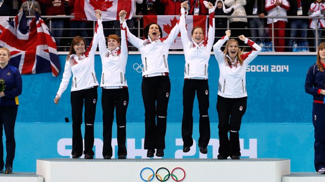 Kaitlyn Lawes - second from right - celebrates gold at Sochi. 