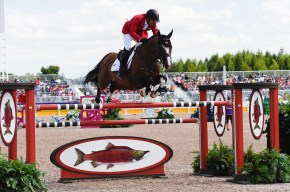 Un cavalier monte un cheval brun qui effectue un saut d'obstacles.