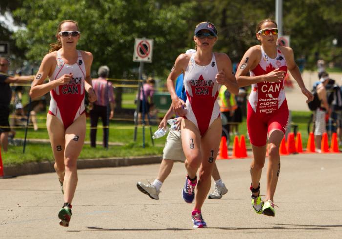 Kirsten Sweetland (au centre) et Amélie Kretz (à droite). (Photo : Union internationale de triathlon)