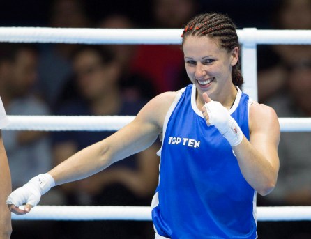 BOX Pan Am 20150721 La Canadienne Mandy Bujold après sa victoire en demi-finale des Jeux de Toronto en 2015 contre Valencia Victoria. THE CANADIAN PRESS/Peter Power