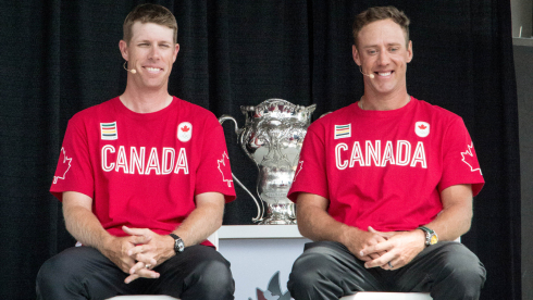 David Hearn et Graham DeLeat au Glen Abbey Golf Club pour leur nomination au sein d'Équipe Canada, le 19 Juillet 2016. (Tania Barkowski / COC)
