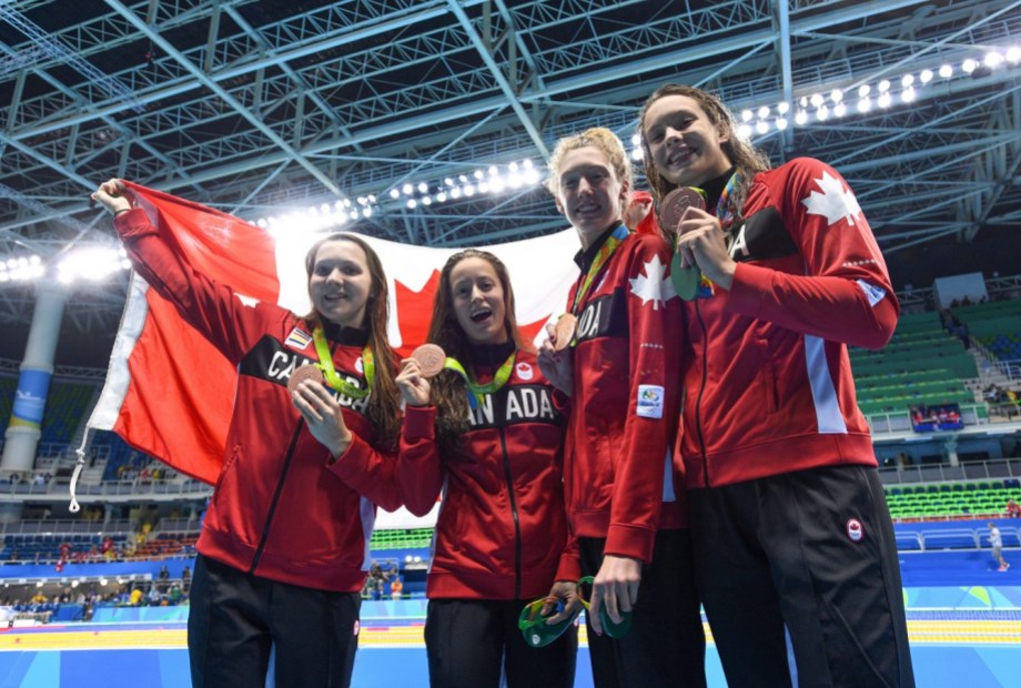 Equipe Canada - natation - Katerine Savard -Taylor Ruck - Brittany MacLean et Penny Oleksiak - Rio 2016 Katerine Savard, Taylor Ruck, Brittany MacLean et Penny Oleksiak