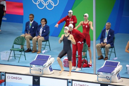 Equipe Canada - natation - Katerine Savard -Taylor Ruck - Brittany MacLean et Penny Oleksiak - Rio 2016 e relais féminin 4x200 m en bronze aux Jeux olympiques de Rio, le 10 août 2016. (COC / Steve Boudreau)