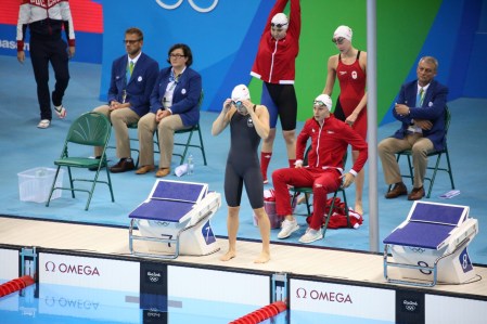 Equipe Canada - natation - Katerine Savard -Taylor Ruck - Brittany MacLean et Penny Oleksiak - Rio 2016 e relais féminin 4x200 m en bronze aux Jeux olympiques de Rio, le 10 août 2016. (COC / Steve Boudreau)