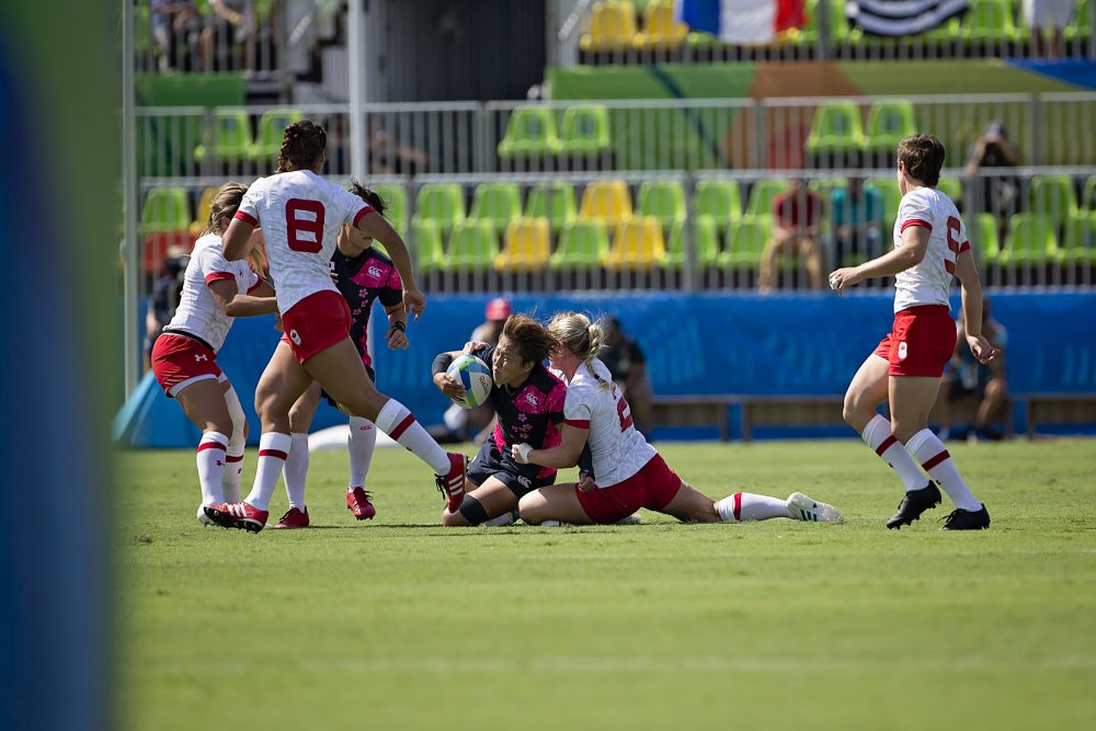 L'équipe féminine de Rugby gagne contre le Japon lors de son premier match olympique le 6 août 2016 à Rio de Janeiro. (Photo: Paige Stewart pour Rugby Canada)