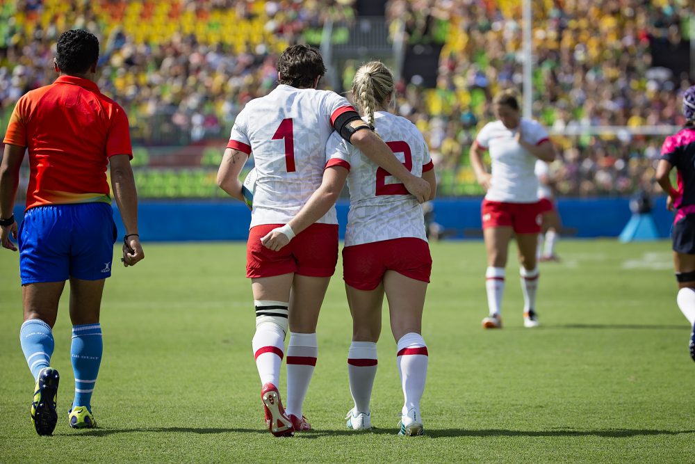L'équipe féminine de Rugby gagne contre le Japon lors de son premier match olympique le 6 août 2016 à Rio de Janeiro. (Photo: Paige Stewart pour Rugby Canada)
