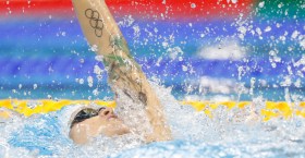 Hilary Caldwell en finale du 200 m dos aux Jeux de Rio, épreuve dans laquelle elle a gagné la médaille de bronze. 12 août 2016. Photo Mark Blinch