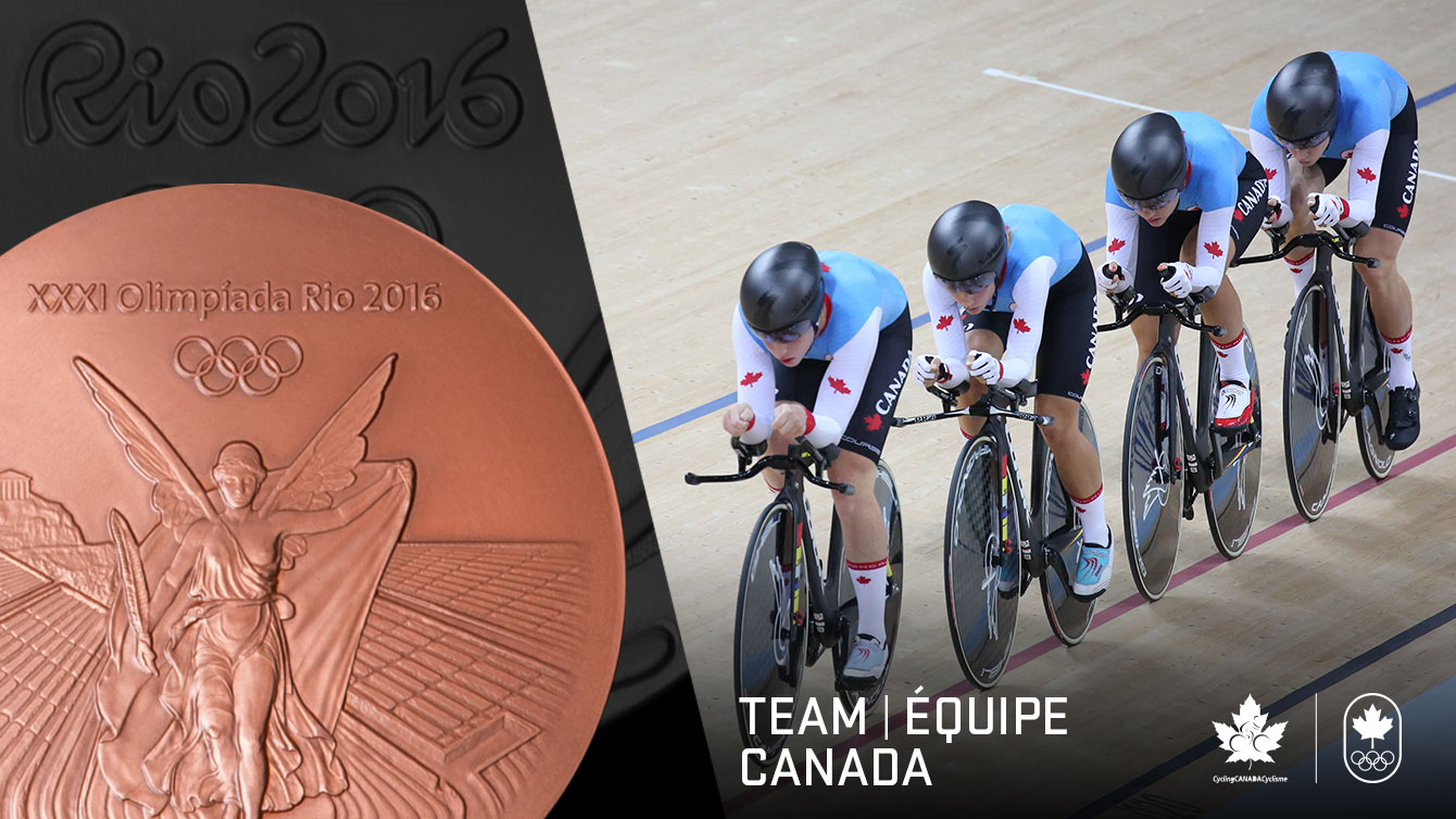 L'équipe de poursuite féminine qui a remporté la médaille de bronze le 13 août 2016, à Rio. COC Mark Blinch