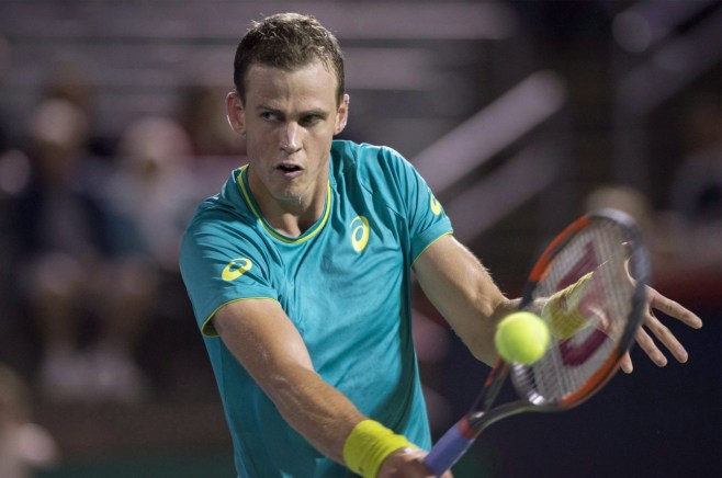 Vasek Pospisil, Peter Polansky, Vasek Pospisil en action lors du premier tour de la Coupe Rogers à Montréal, le 7 août 2017.
