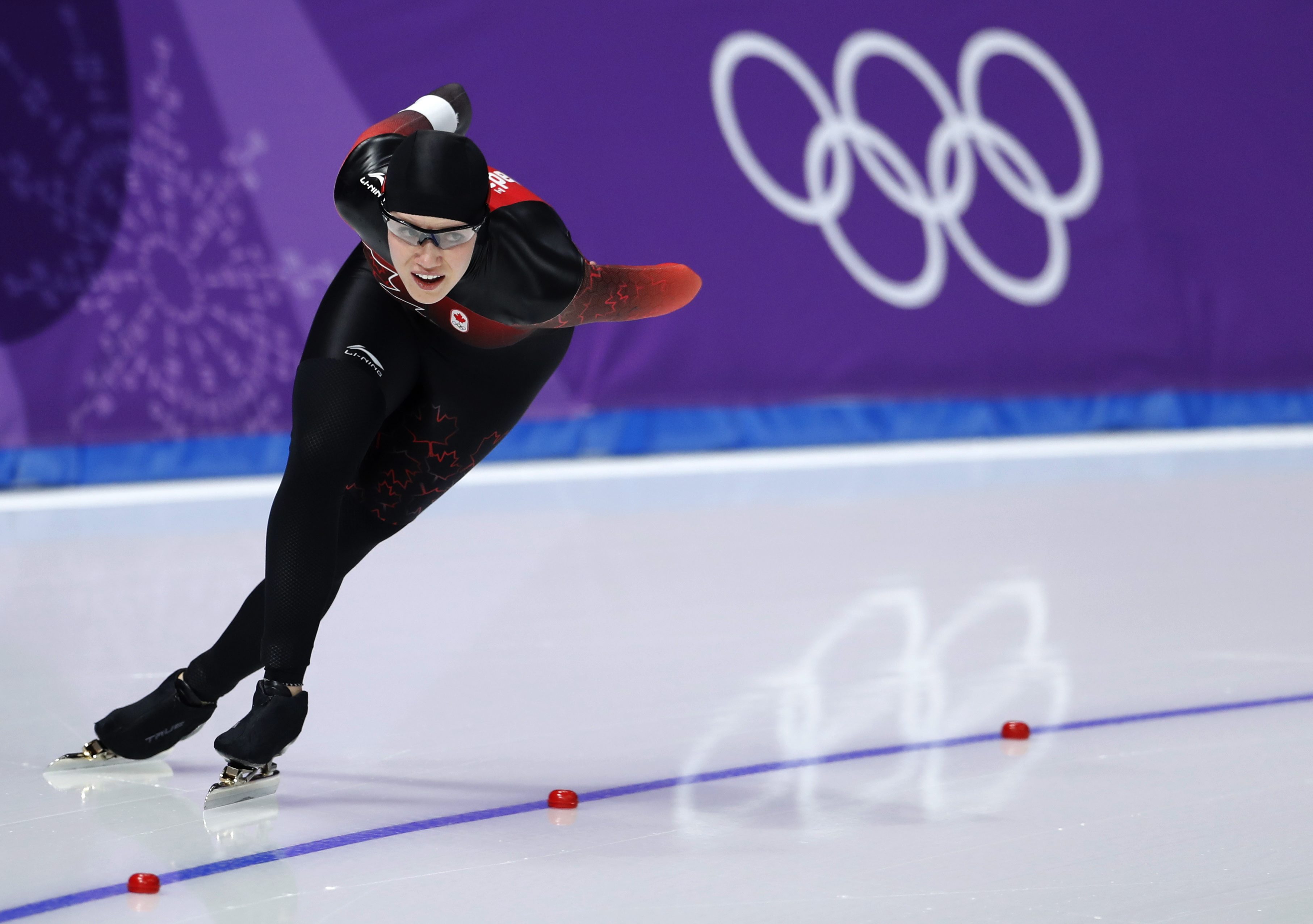 Josie Morrison of Canada competes during the women's 1,500 meters speedskating race at the Gangneung Oval at the 2018 Winter Olympics in Gangneung, South Korea, Monday, Feb. 12, 2018. (AP Photo/Petr David Josek)