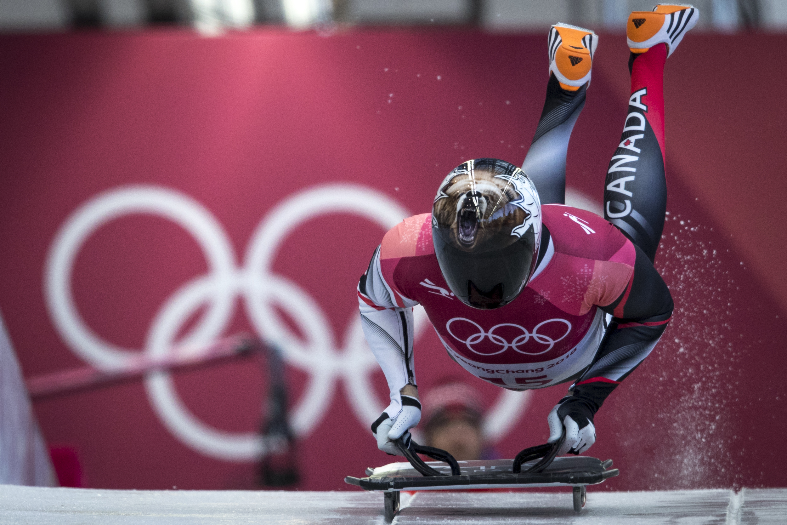 Dave Greszczyszyn lors des qualifications en skeleton aux Jeux olympiques de PyeongChang, le 15 février 2018. Photo COC/David Jackson