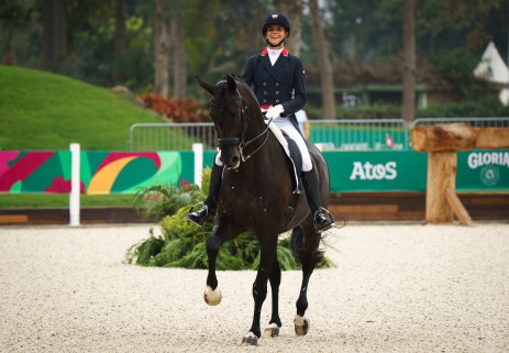 DAJ_20190729_44 La cavalière équestre d'Équipe Canada, Naïma Moreira Laliberté, et son cheval Statesman lors de l'épreuve par équipes de dressage aux Jeux panaméricains de Lima 2019 le 29 juillet 2019. Photo de David Jackson / COC