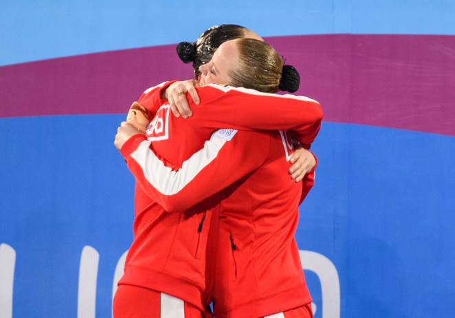 equipe canada - Claudia Holzner - Jacqueline Simoneau - natation artistique - Lima 2019-5 Claudia Holzner et Jacqueline Simoneau remportent l'or au concours en duo de natation artistique des Jeux panaméricains de Lima, au Pérou, le 31 juillet 2019. (Photo : Christopher Morris/COC)