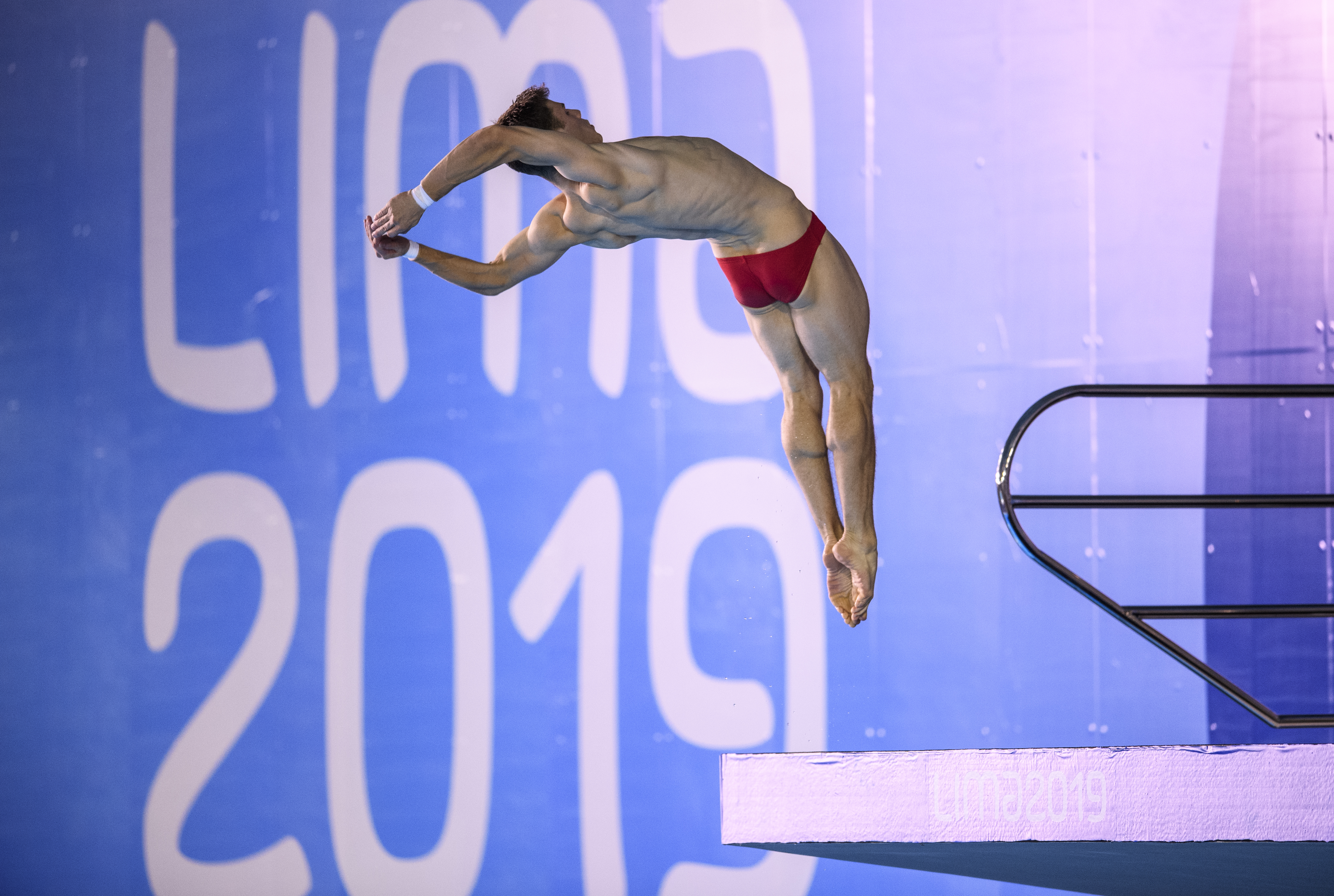 Vincent Riendeau participe à la finale du 10 m aux Jeux panaméricains de Lima, au Pérou, le 5 août 2019. Photo : Vincent Ethier/COC