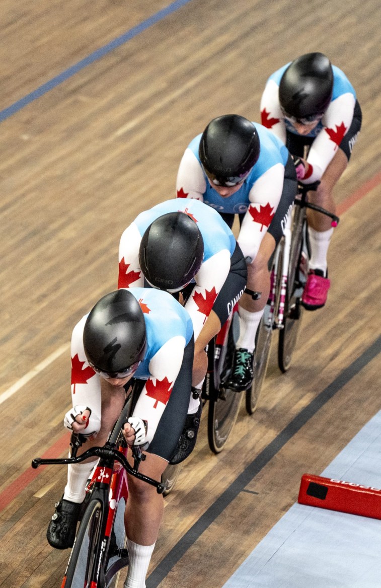 DAJ_20190802_78 Maggie Coles-Lyster, Erin Attwell, Miriam Brouwer et Laurie Jussaume participent à la finale pour l'or de la poursuite par équipes féminine aux Jeux panaméricains de Lima, au Pérou, le 2 août 2019. Photo : David Jackson