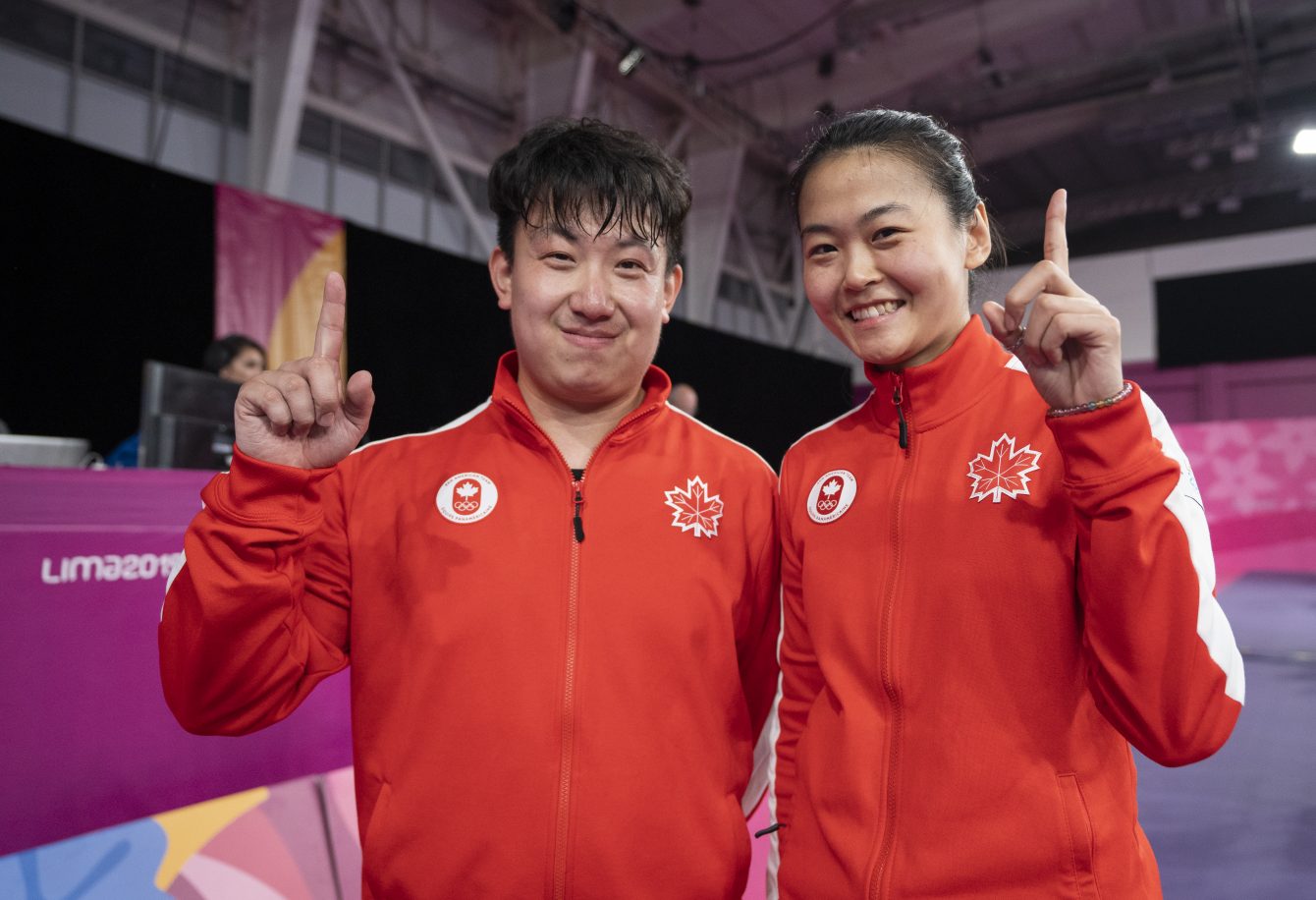 Eugene Wang and Mo Zhang ont remporté l'or en tennis de table double mixte aux Jeux panaméricains de Lima, au Pérou, le 5 août 2019. Photo : Dave Holland/COC