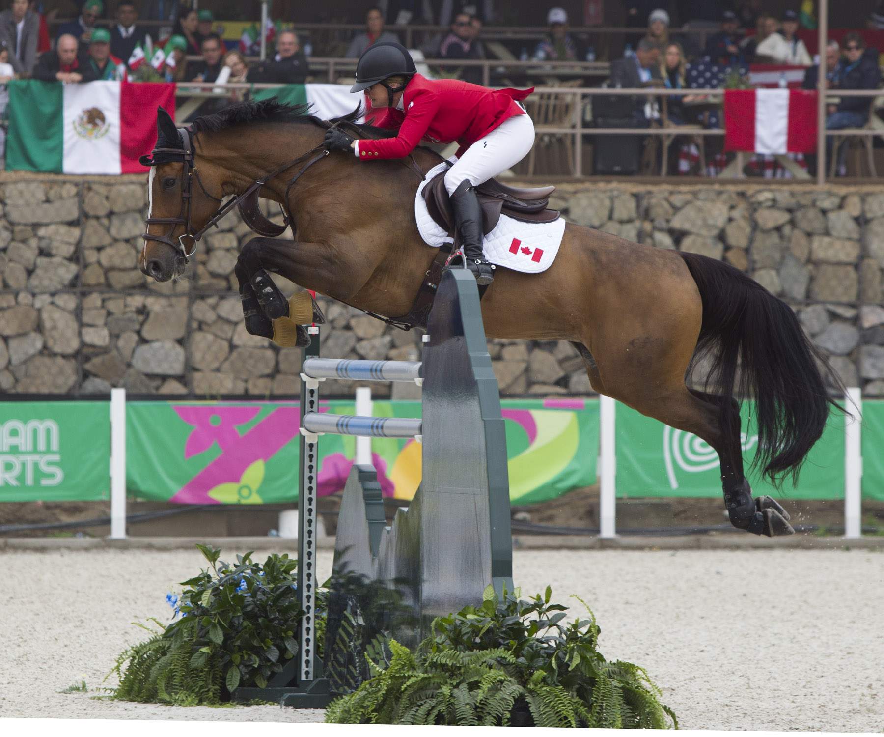 Un cavalier d'Équipe Canada et sa monture sautent par dessus un obstacle à Lima 2019