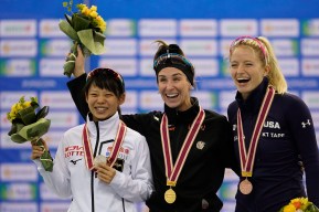 Podium du départ groupé féminin de la Coupe du monde de patinage de vitesse de Nagano, Japon