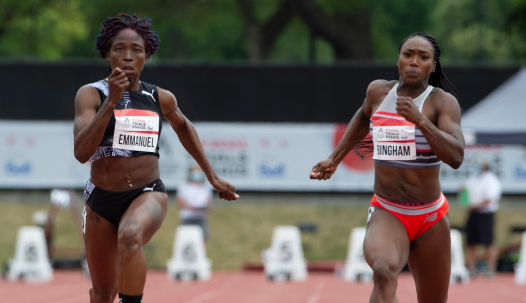 Chrystal Emmanuel, gauche, remporte le 100 m féminin devant Khamica Bingham, deuxième, le vendredi 25 juin 2021, aux Essais olympiques d’athlétisme à Montréal.