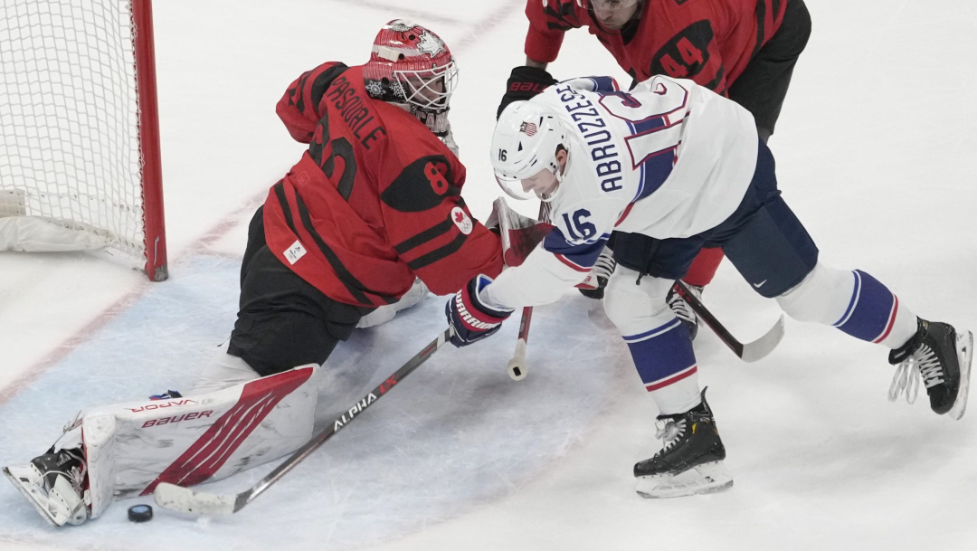 Des joueurs de hockey se disputent la rondelle près du filet