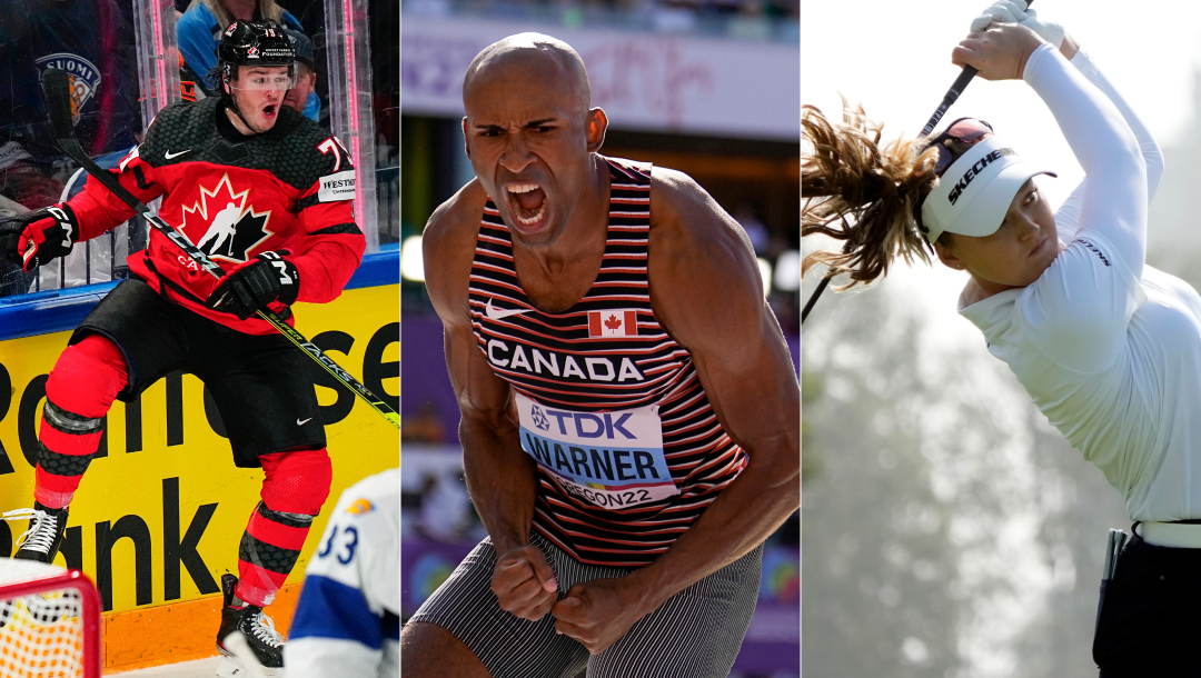 Montage de photos d'un joueur de hockey, de Damian Warner et de Brooke Henderson.