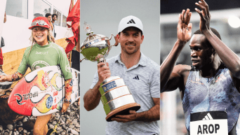 Image en écran partagé d'Erin Brooks portant sa planche de surf, Nick Taylor tenant le trophée de l'Omnium canadien et Marco Arop frappant dans ses mains au-dessus de sa tête