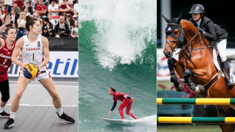 Un montage d'une joueuse de basketball, d'un surfeur et d'une cavalière.