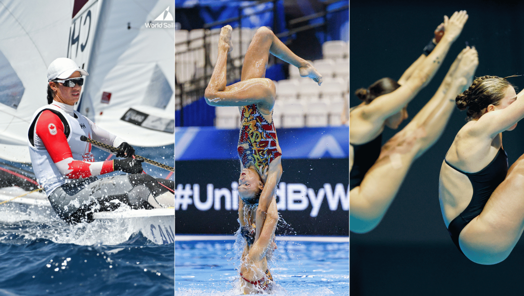 Montage photo de Sarah Douglas en voile, de natation artistique ey de plongeon.