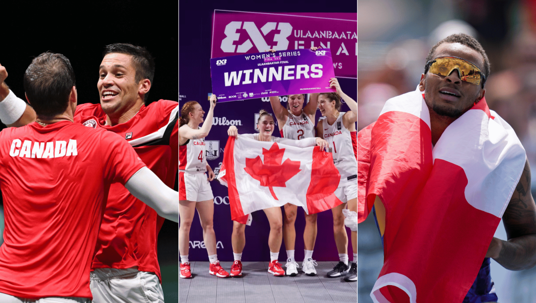 Montage photo d'Alexis Galarneau, de l'équipe féminine canadienne de basketball 3x3 et d'Andre De Grasse.