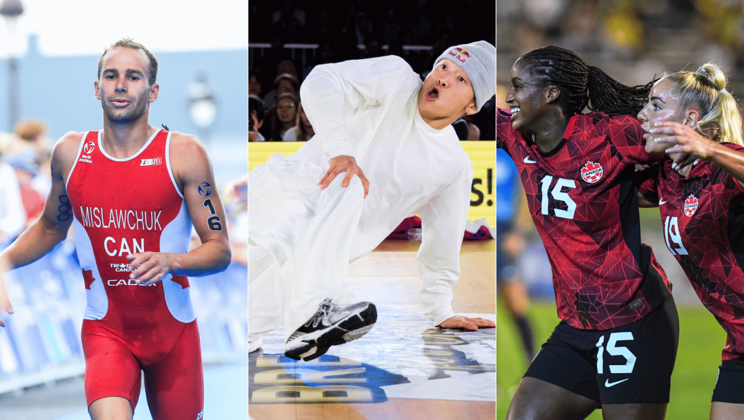 Montage photo de Tyler Myslawchuk, Phil Wizard et de l'équipe féminine canadienne de soccer.