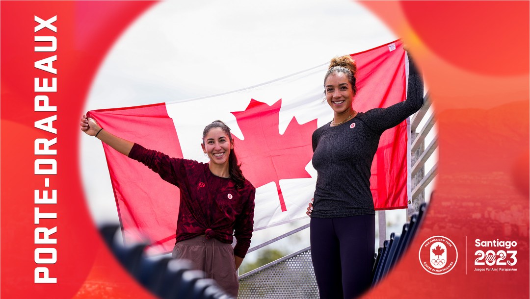 Traitement graphique d'une photo de Melissa Humana-Paredes et Brandie Wilkerson. À gauche il est écrit «Porte-Drapeaux».