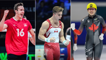 Montage photo de volleyball masculin, gymnastique artistique masculine et de Courtney Sarault.