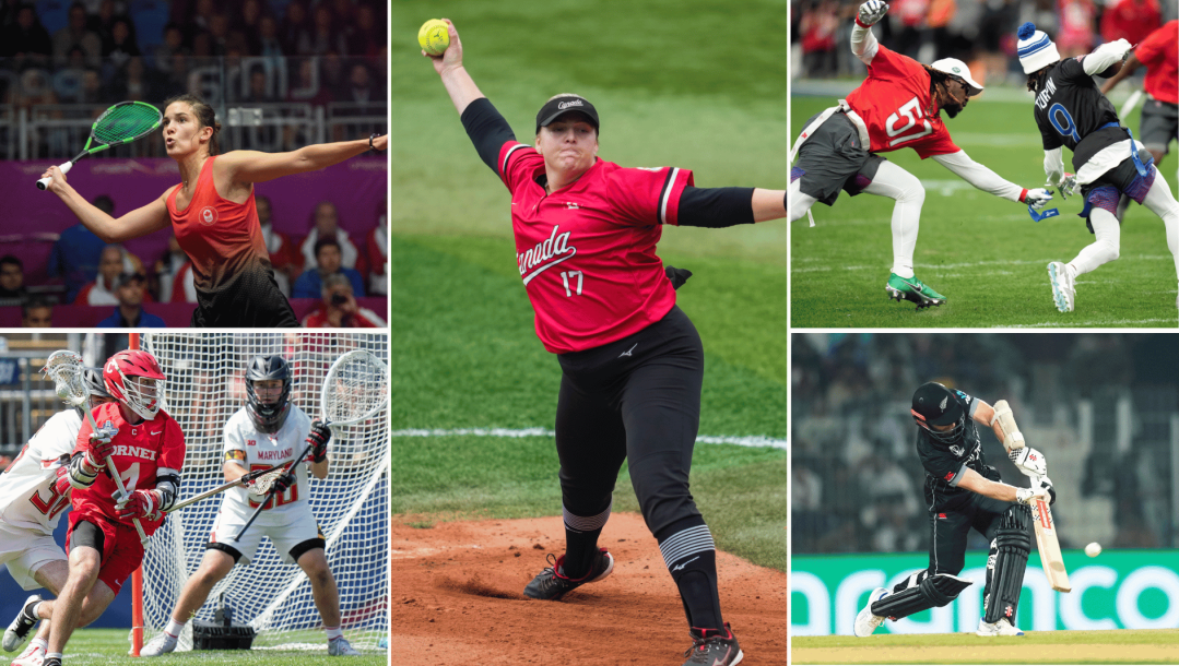 Montage photo de squash, lacrosse, softball, flag football et cricket.