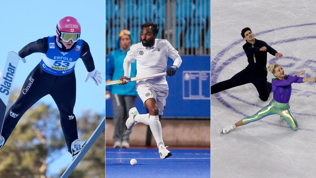 Montage photo : saut à ski, hockey sur gazon, patinage artistique.