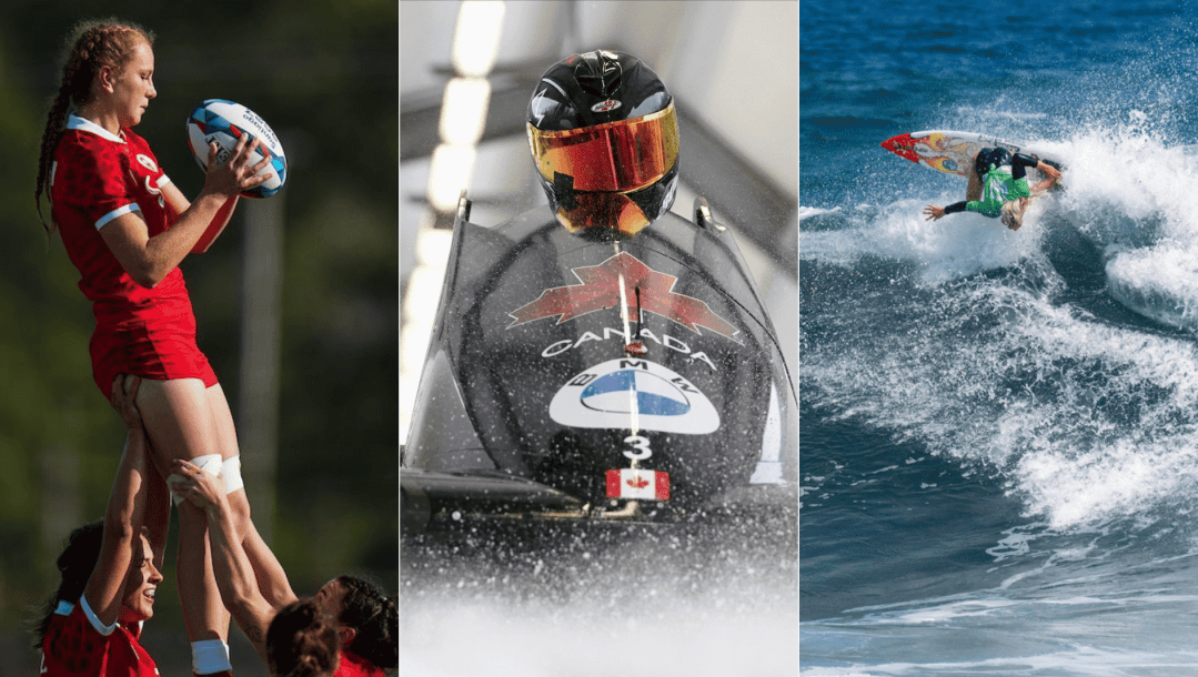 Montage photo de rugby, bobsleigh et surf