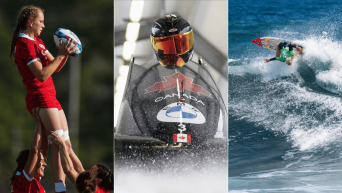 Montage photo de rugby, bobsleigh et surf