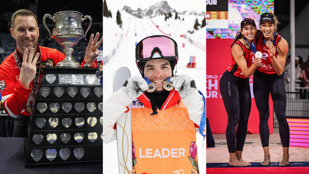 Montage photo de Brad Gushue, Mikaël Kingsbury, Melissa Humana-Paredes et Brandie Wilkerson.