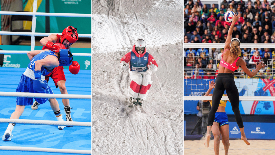 Montage photo de boxe, ski de bosses et volleyball de plage.