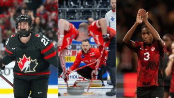 Montage photo de hockey féminin, curling et soccer.