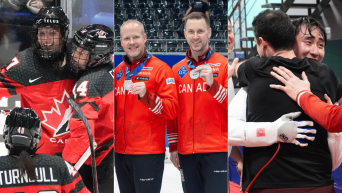 Montage photo de hockey féminin, curling et escrime.