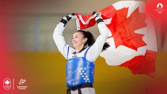 Montage photo avec Skylar Park et les logos du COC, de Taekwondo Canada et de Paris 2024.