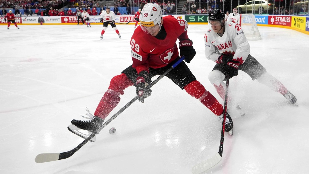 Deux joueurs de hockey bataillent pour la rondelle dans le coin de la patinoire.