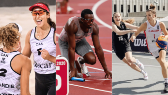 Montage photo de Melissa Humana-Paredes et Brandie Wilkerson, Andre De Grasse, Katherine Plouffe.