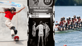 Montage photo de Fay De Fazio Ebert, de l'équipe féminine de basketball 3x3 et du huit de pointe masculin d'aviron.