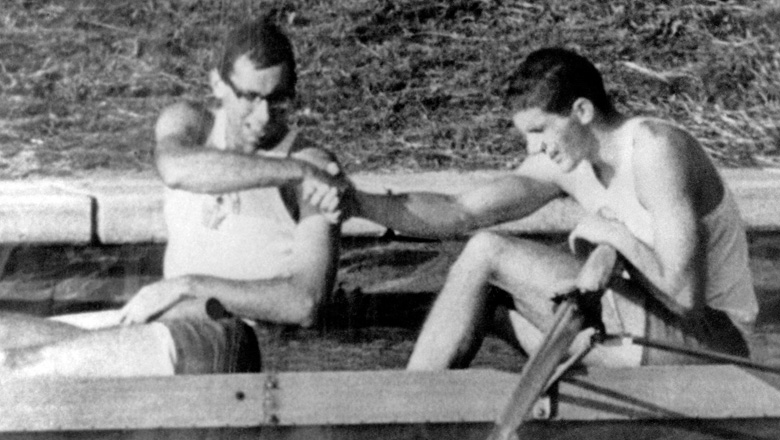 Canada's Roger Jackson (right) and George Hungerford celebrate their gold medal win in the rowing event at the 1964 Tokyo Olympics. (CP Photo/COC)