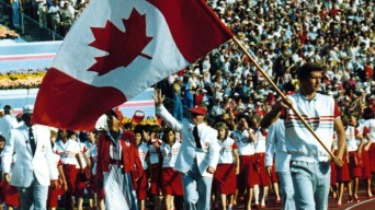 Alex Baumann leads Canada into the Los Angeles 1984 Opening Ceremony.