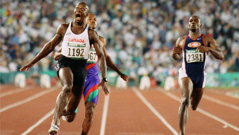 One of the enduring images of Canadian sport, Donovan Bailey breaking the 100-metre world record at Atlanta 1996. Brassard was at the venue working with a TV crew. 