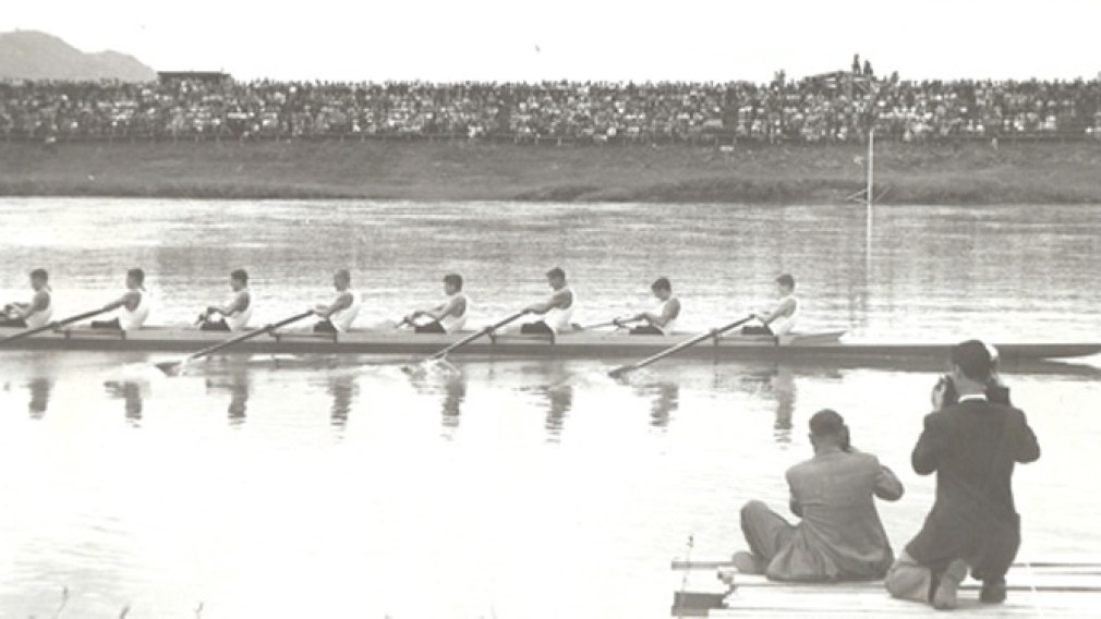 Douglas McDonald, fourth from left, with the 1956 Olympic silver medal winning eights team